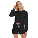 Black All-Over Print Women's Short Sweatshirt And Pants Suit