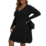 Black All-Over Print Women's V-neck Long Sleeve Dress(Plus Size)