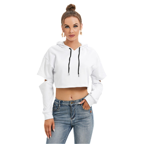 White All-Over Print Women's Heavy Fleece Hoodie With Hollow Out Sleeve