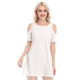 White All-Over Print Women's Cold Shoulder O-neck Dress