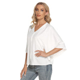 White All-Over Print Women's Bat Sleeve Light V-neck Front Buttoned Top