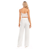 White All-Over Print Women's Waist Fungus Edge Wide-leg Pants