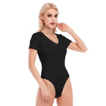 Black All-Over Print Women's V-neck Bodysuit With Short Sleeve