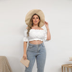 White All-Over Print Women's Off-shoulder Cropped Top With Short Puff Sleeve