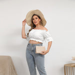 White All-Over Print Women's Off-shoulder Cropped Top With Short Puff Sleeve