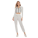 White All-Over Print Women's Crop Hoodie Sports Sets