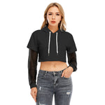 Black All-Over Print Women's Fake Two-piece Mesh Sleeve Cropped Hoodie