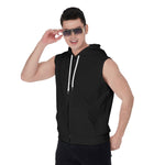 Black All-Over Print Men's Zipper-Up Sleeveless Hoodie