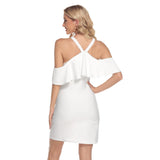 White All-Over Print Women's Cold Shoulder Cami Dress With Ruffle