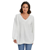 White All-Over Print Women's V-neck Imitation Knitted Sweater With Long Sleeve