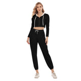 Black All-Over Print Women's Crop Hoodie Sports Sets