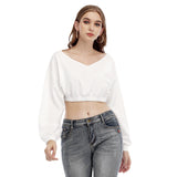 White All-Over Print Women's V-neck Long Sleeve Cropped Sweatshirt