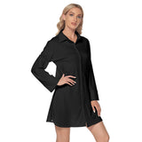 Black All-Over Print Women's Lapel Shirt Dress With Long Sleeve