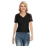 Black All-Over Print Women's V-neck T-shirt With Lace