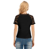 Black All-Over Print Women's V-neck T-shirt With Lace