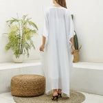 White All-Over Print Women's Imitation Silk V-neck Kaftan Robe