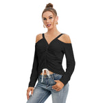 Black All-Over Print Women’s V-neck Cold Shoulder Blouse With Long Sleeve