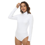 White All-Over Print Women's Stretchy Turtleneck Long Sleeve Bodysuit