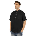 Black All-Over Print Men's Stand-up Collar T-shirt With Button Closure