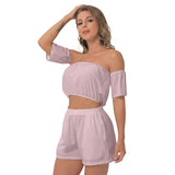 Pink All-Over Print Women's Off-Shoulder T-Shirt Shorts Suit