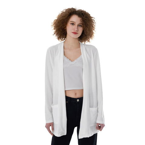 White All-Over Print Women's Patch Pocket Cardigan