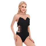 Black All-Over Print Women's Tube Top Bodysuit With Side Black Straps