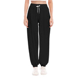 Black All-Over Print Women's Loose Striped Trousers With Waist drawstring