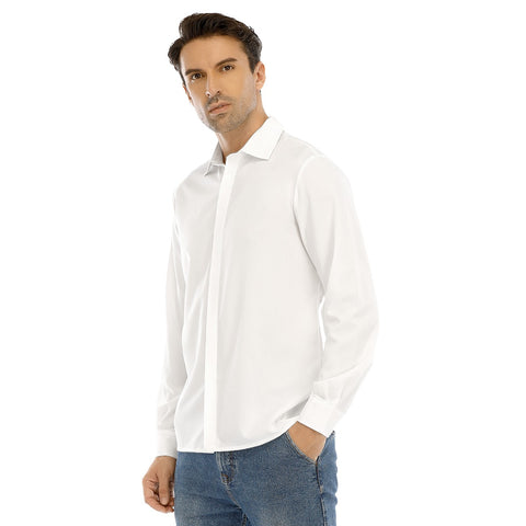 White All-Over Print Men's Lapel Collar T-shirt With Concealed Placket