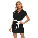 Black All-Over Print Women's Stand-up Collar Casual Dress With Belt