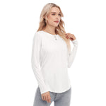 White All-Over Print Women's Raglan Sleeves U-Shaped Hem Long Sleeves Blouse