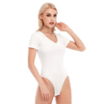 White All-Over Print Women's V-neck Bodysuit With Short Sleeve