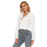 White All-Over Print Women's Pleated Collar V-neck Shirt