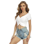 White All-Over Print Women's Raglan Drawstring Front Crop Tee