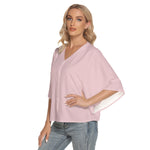 Pink All-Over Print Women's Bat Sleeve Light V-neck Front Buttoned Top