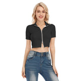 Black All-Over Print Women's Short Sleeve T-shirt With Two-way Zipper