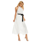 White All-Over Print Women's Wrap Hem Belted Halter Dress