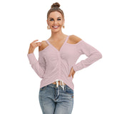 Pink All-Over Print Women’s V-neck Cold Shoulder Blouse With Long Sleeve