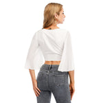 White All-Over Print Women's Ruffled Cropped T-shirt With Bandage