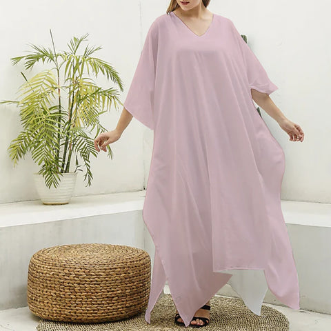 Pink All-Over Print Women's Imitation Silk V-neck Kaftan Robe