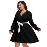 Black All-Over Print Women's V-neck Dress With Waistband(Plus Size)