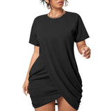 Black All-Over Print Women’s Stacked Hem Dress With Short Sleeve（Plus Size）