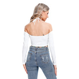 White All-Over Print Women's Halter Lace-up Top