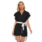 Black All-Over Print Women's Stand-up Collar Casual Dress With Belt