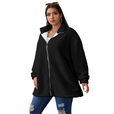 Black  All-Over Print Women's Borg Fleece Stand-up Collar Coat With Zipper Closure(Plus Size)