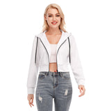 White All-Over Print Women's Crop Top Hoodie With Zipper Closure