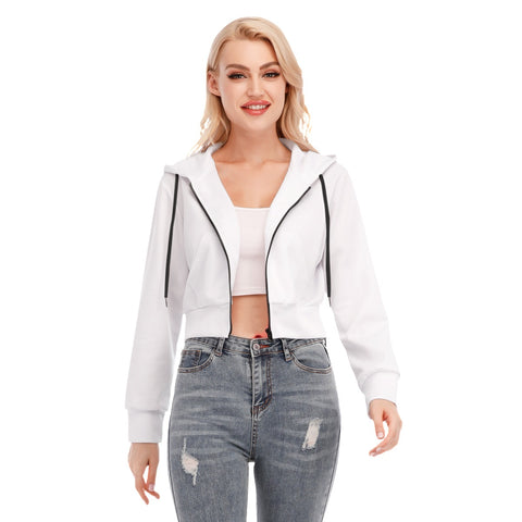 White All-Over Print Women's Crop Top Hoodie With Zipper Closure