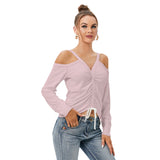 Pink All-Over Print Women’s V-neck Cold Shoulder Blouse With Long Sleeve