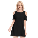 Black All-Over Print Women's Cold Shoulder O-neck Dress