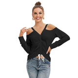 Black All-Over Print Women’s V-neck Cold Shoulder Blouse With Long Sleeve