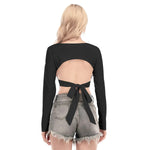 Black All-Over Print Women's Back Hollow T-shirt With Strap